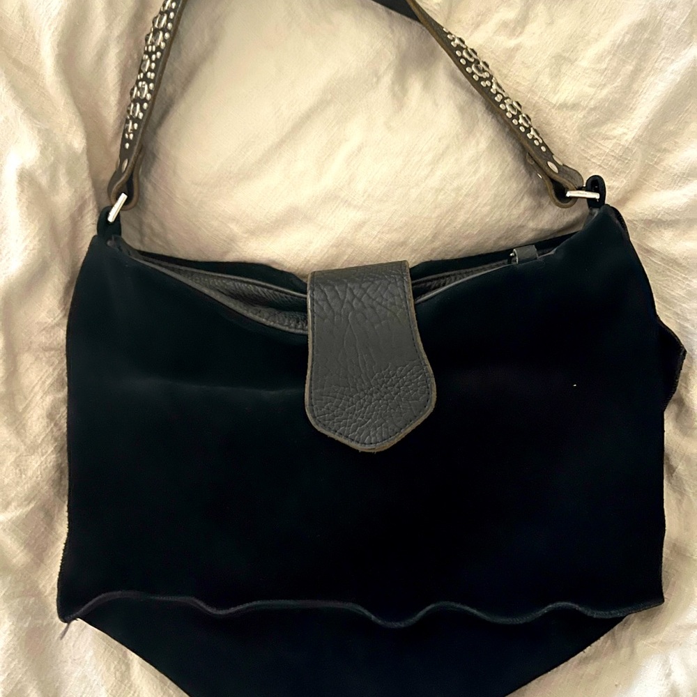 Black Suede hobo bag with studded leather strap